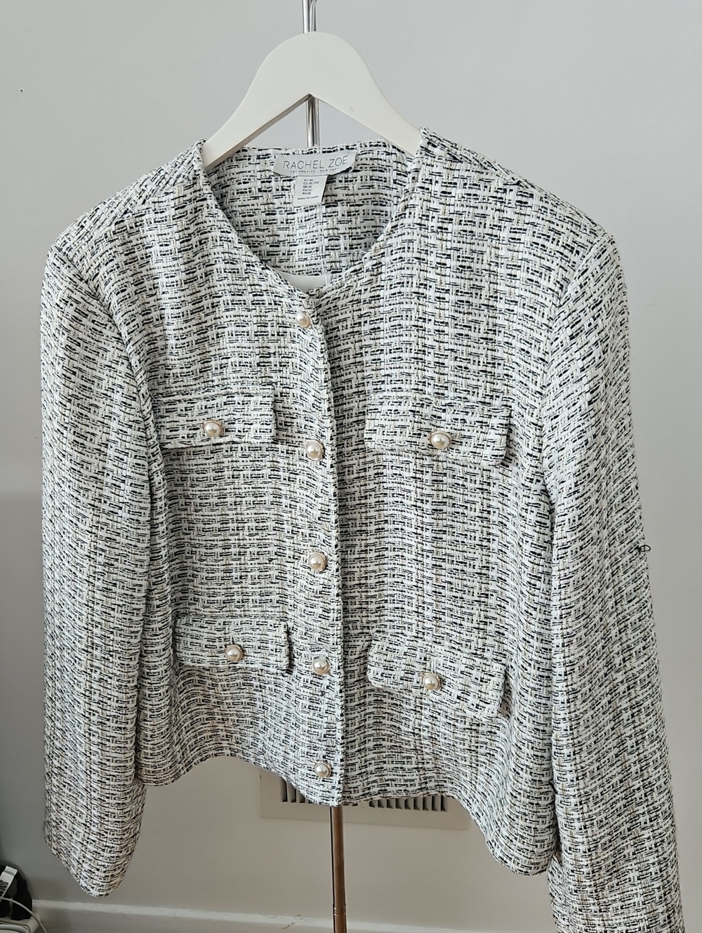 Rachel Zoe Black and White Tweed Pearl-Front Collarless Jacket